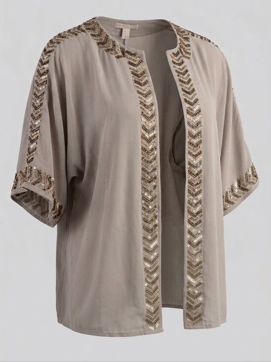 Forever 21 Jackets & Blazers - Forever 21 Boho Taupe Chevron Beaded Trim Open Front 3/4 Sleeve Kimono Jacket L